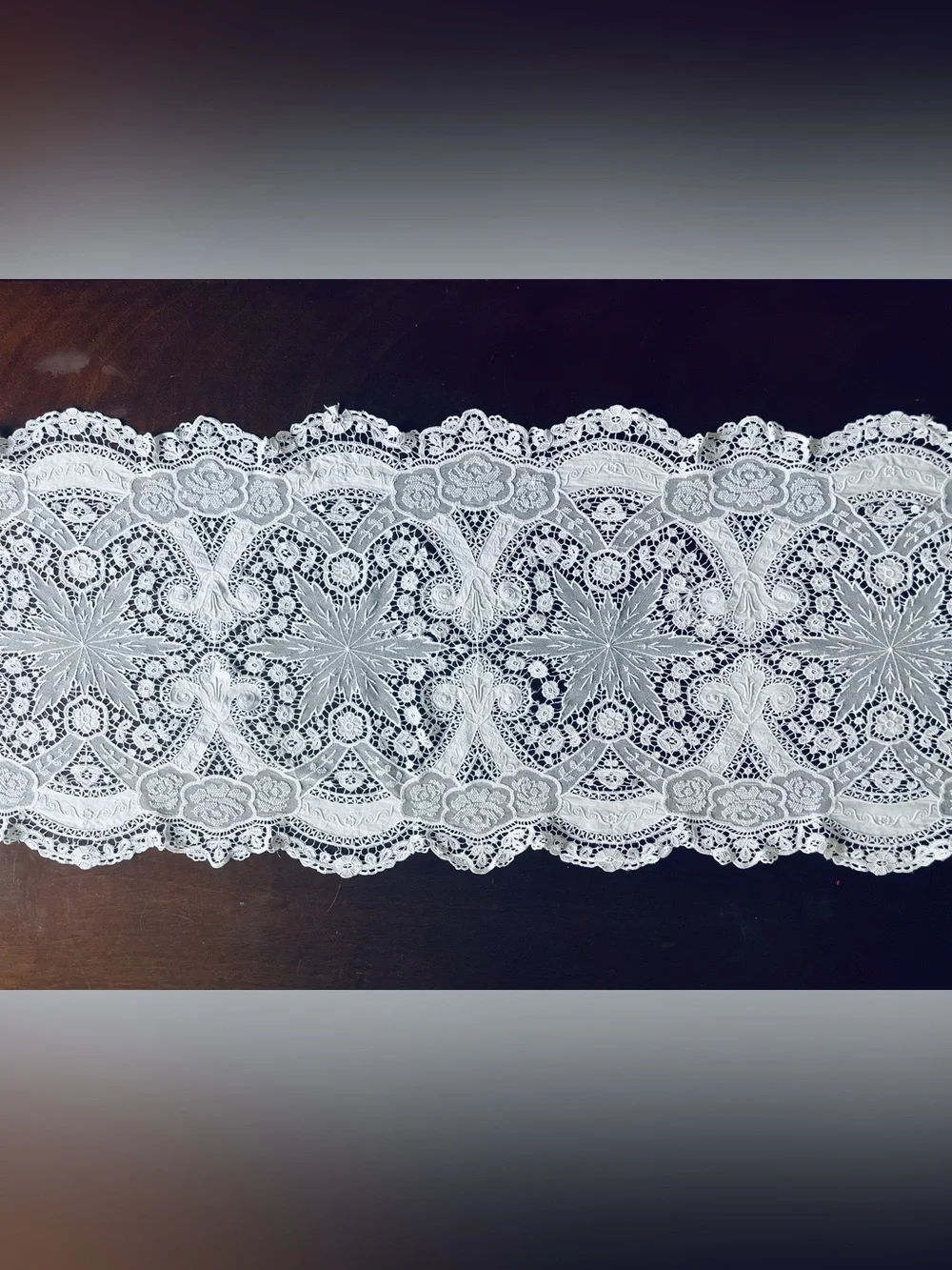 Antique Point de Gaze & Venise Table Runner Dresser Scarf White Handmade 60x17